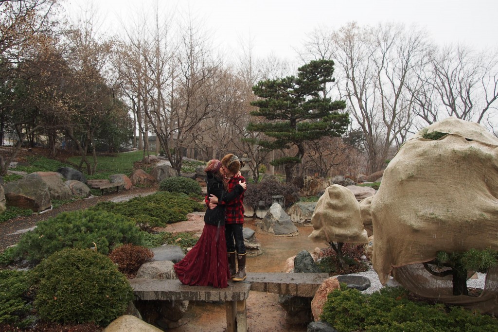 japanese garden, snow, gray skies, love